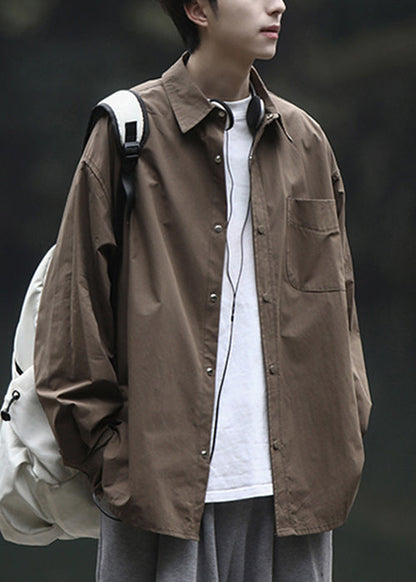 Men Simple Peter Brown Shirts Pan Collar Cotton Spring Button