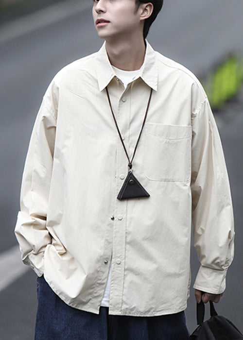 Men Simple Peter Brown Shirts Pan Collar Cotton Spring Button