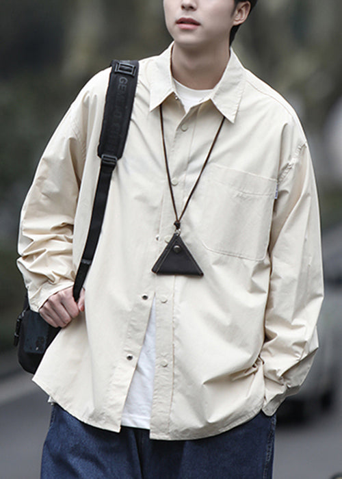 Men Simple Peter Brown Shirts Pan Collar Cotton Spring Button