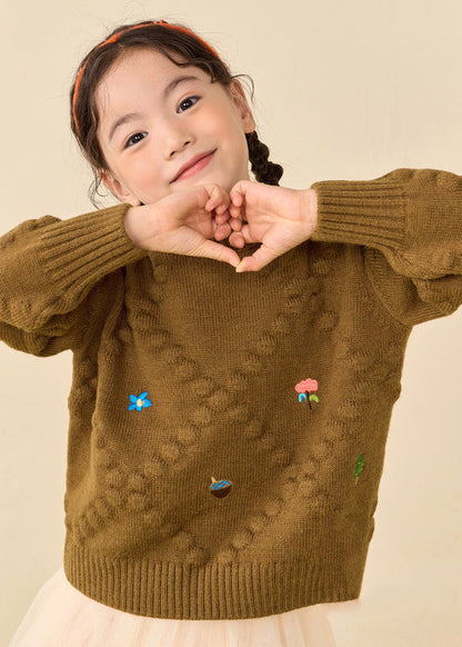 Simple Brown Print Thick Cotton Knit Girls Sweater Puff Sleeve WL041