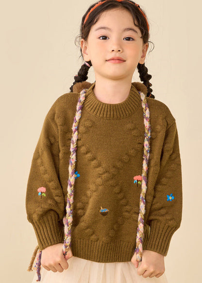 Simple Brown Print Thick Cotton Knit Girls Sweater Puff Sleeve WL041