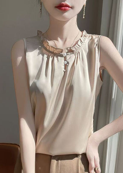 O-Neck Button Shirt Silk Simple Color Champagne Summer Pearl