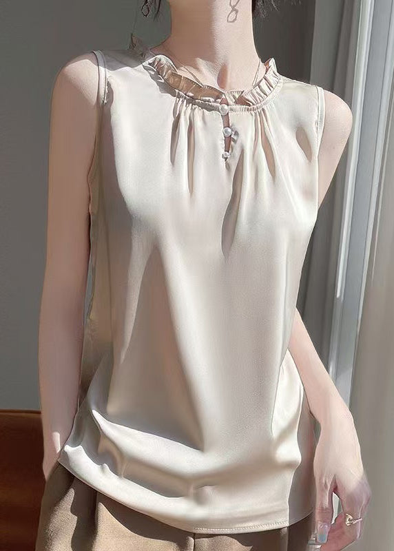 O-Neck Button Shirt Silk Simple Color Champagne Summer Pearl