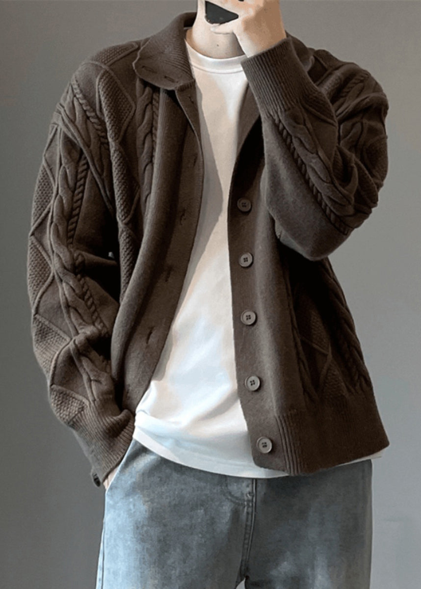 Button Coffee Cozy Knit Cardigan Simple Spring Cable Mens
