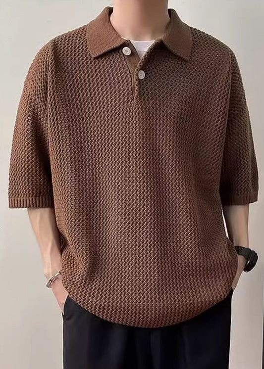 Polo Summer Shirts Men Button Coffee Hollow Out Knit Simple