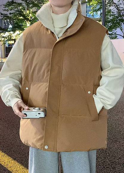 Simple Coffee Hooded Zippered Warm Fleece Mens Waistcoat Winter RN015