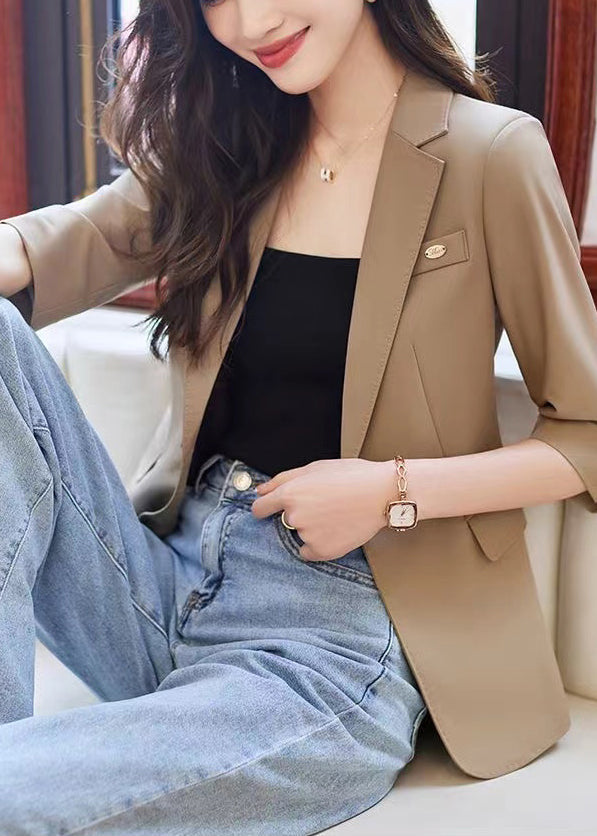 Simple Coffee Notched Spandex Jacket Half Sleeve YJ056
