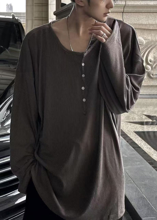 O T Button Neck Simple Spring Solid Coffee Mens Cotton Shirts