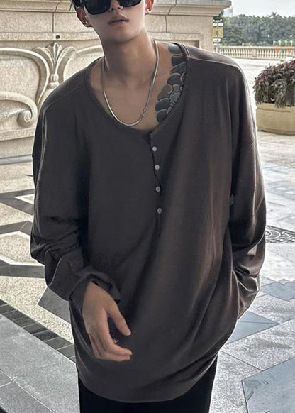 O T Button Neck Simple Spring Solid Coffee Mens Cotton Shirts