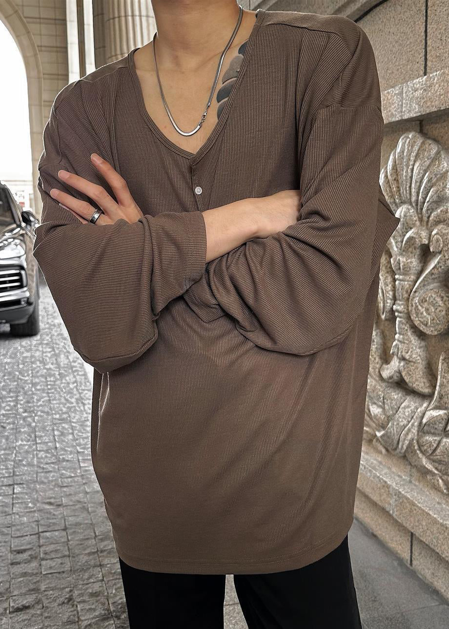 O T Button Neck Simple Spring Solid Coffee Mens Cotton Shirts