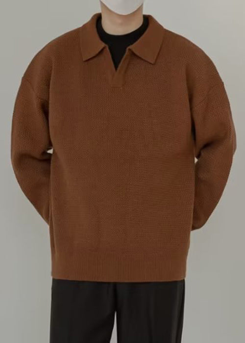 Simple Coffee Peter Pan Collar Solid Knit Mens Sweaters Spring TK002