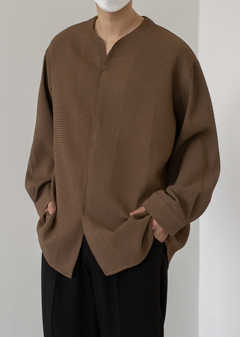Pullover Shirts Solid Cotton Coffee Simple Neck Men Spring V