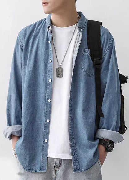 Button Men Simple Pan Shirts Peter Denim Dark Blue Spring Collar