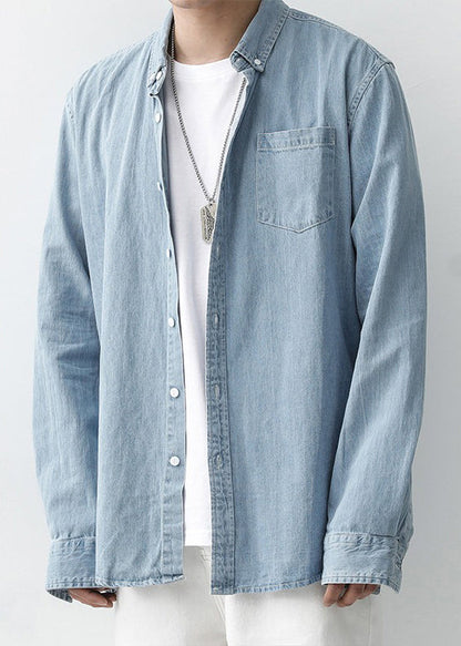 Button Men Simple Pan Shirts Peter Denim Dark Blue Spring Collar