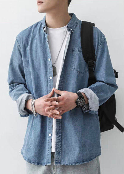 Button Men Simple Pan Shirts Peter Denim Dark Blue Spring Collar