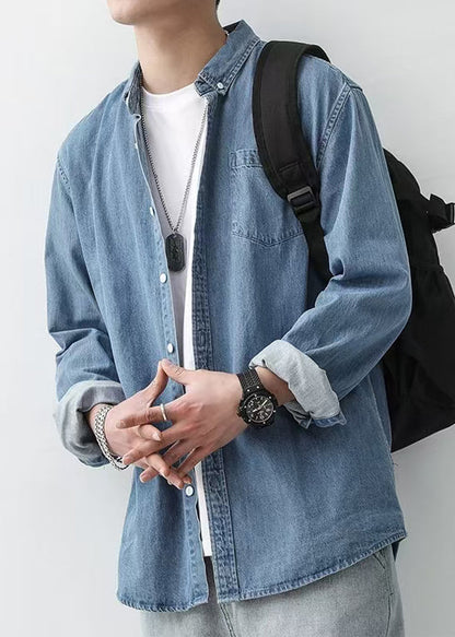 Button Men Simple Pan Shirts Peter Denim Dark Blue Spring Collar