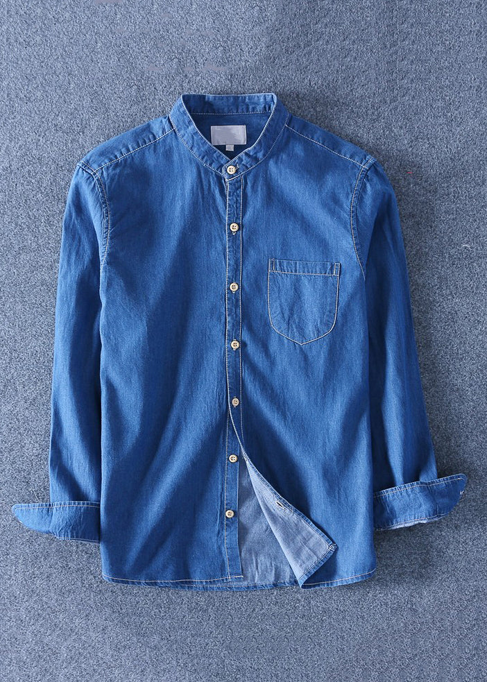 Collar Denim Peter Blue Pan Men Dark Solid Pockets Shirts Simple