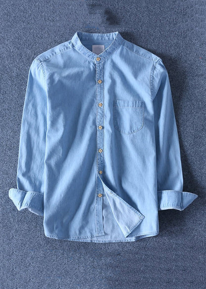Collar Denim Peter Blue Pan Men Dark Solid Pockets Shirts Simple
