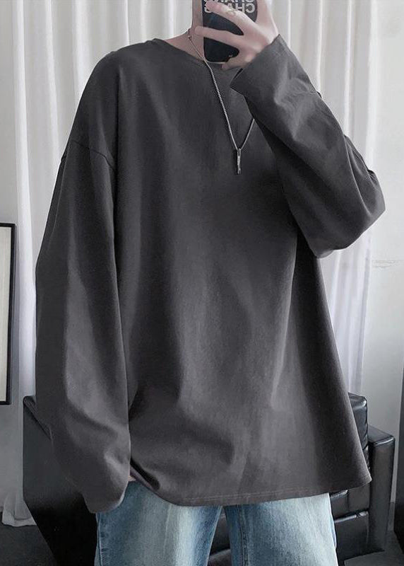 Gray T Mens Cotton Simple Neck Dark Spring Solid Shirt O