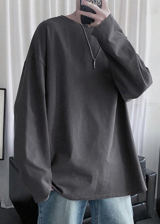 Gray T Mens Cotton Simple Neck Dark Spring Solid Shirt O