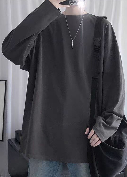 Gray T Mens Cotton Simple Neck Dark Spring Solid Shirt O