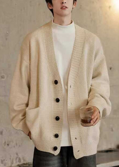 Spring Cardigans Simple Mens Pockets Neck V Gray Knit Dark