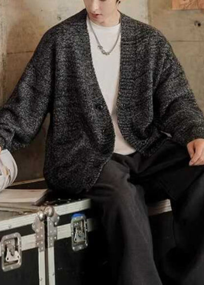 Spring Cardigans Simple Mens Pockets Neck V Gray Knit Dark