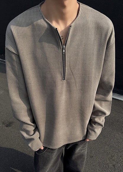 Men Dark Cotton Zip T Gray Shirts Spring Simple Up Solid