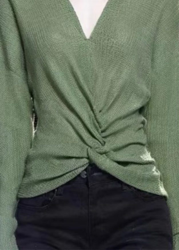 Simple Green V Neck Solid Cozy Knit Sweater Fall WQ035