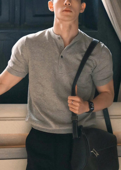 Grey Summer Solid Button Men Shirts T Cotton Simple