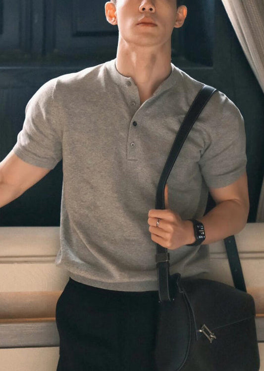 Grey Summer Solid Button Men Shirts T Cotton Simple