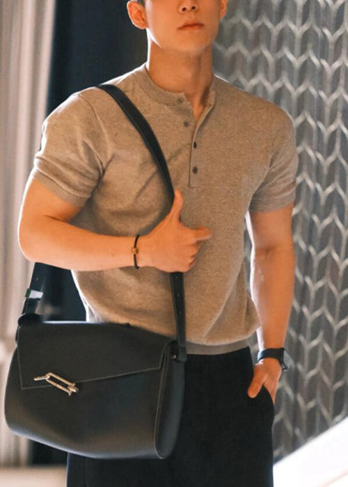 Grey Summer Solid Button Men Shirts T Cotton Simple