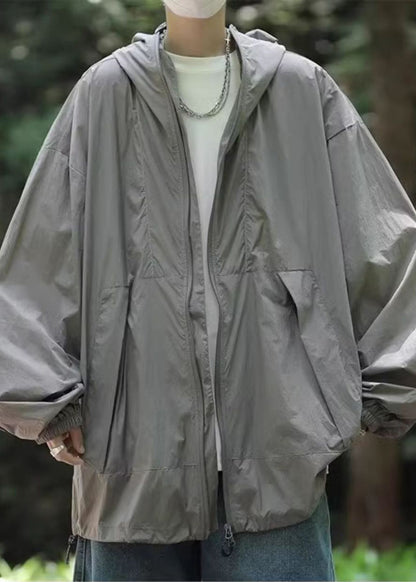 UPF 50+ Simple Coat Grey Hooded Pockets Summer Drawstring Mens