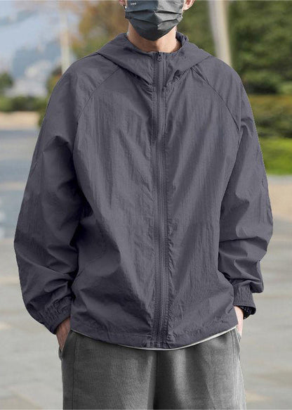 Hooded Summer Ice 50+ Simple Grey UPF Silk Solid Men Coat