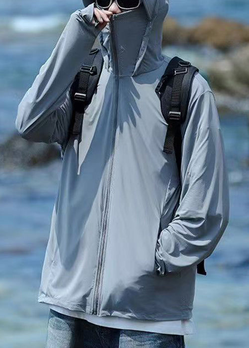 Hooded Coat Men Pockets 50+ Zippered Grey Summer Simple UPF