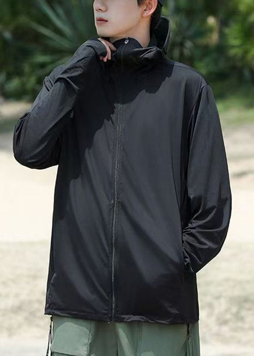 Hooded Coat Men Pockets 50+ Zippered Grey Summer Simple UPF