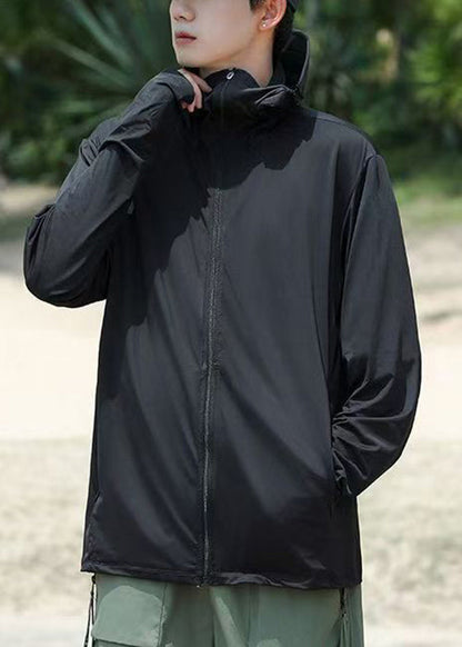 Hooded Coat Men Pockets 50+ Zippered Grey Summer Simple UPF