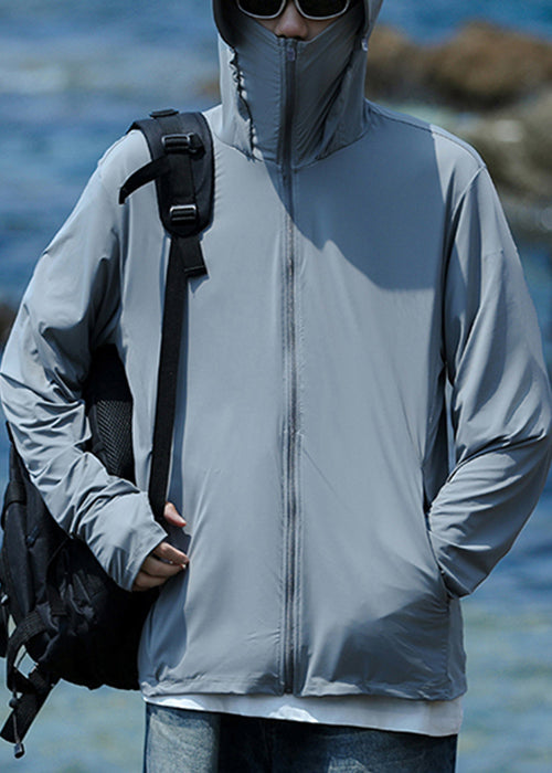 Hooded Coat Men Pockets 50+ Zippered Grey Summer Simple UPF