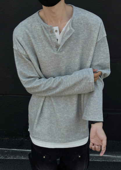 Simple O T Patchwork Grey Shirts Neck Cotton Mens Button Spring