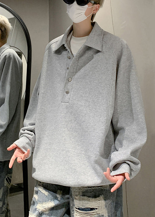 Cotton Button Sweatshirts Mens Spring Simple Grey TC033 Pan Peter Collar