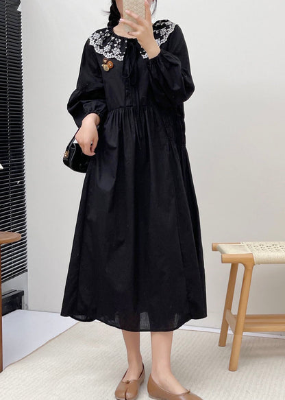 Simple Grey Peter Pan Collar Patchwork Wrinkled Vacation Long Dresses Long Sleeve BV021