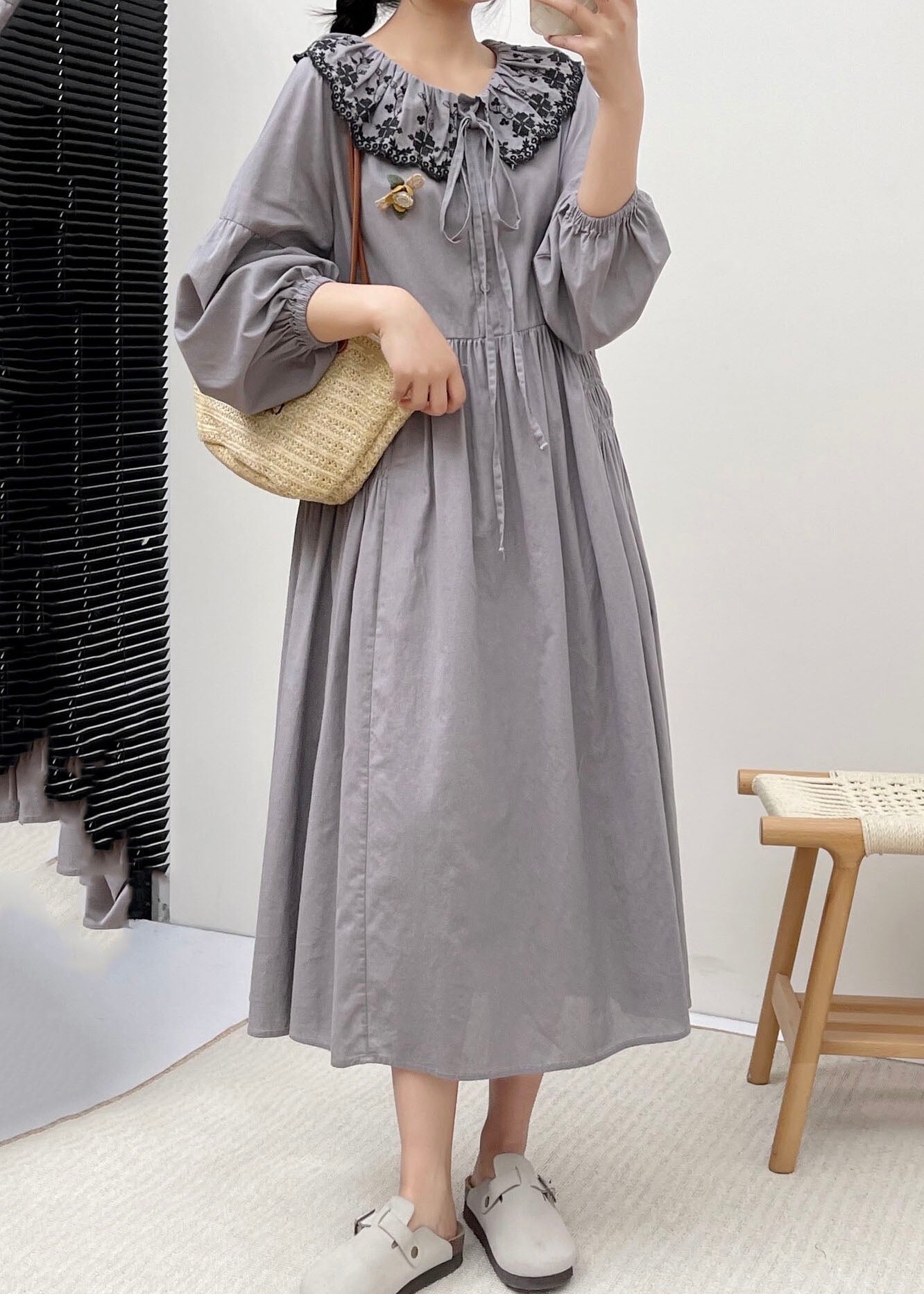 Simple Grey Peter Pan Collar Patchwork Wrinkled Vacation Long Dresses Long Sleeve BV021