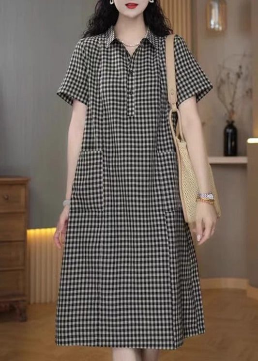 Simple Peter Plaid Summer Mid Pan Linen Collar Dress Grey