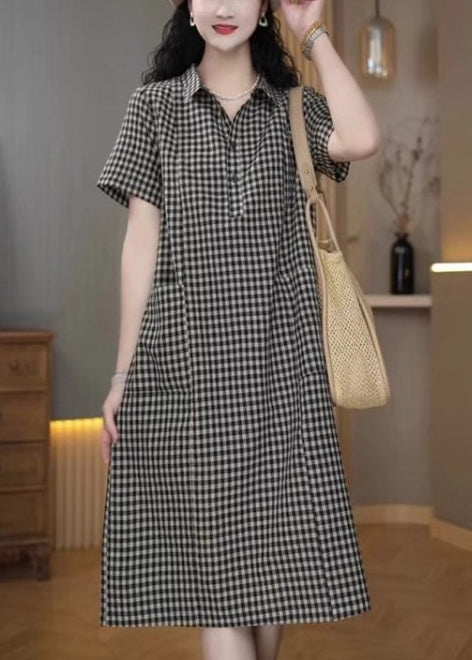 Dress Summer Peter Mid Collar Simple Plaid Pan Linen Grey