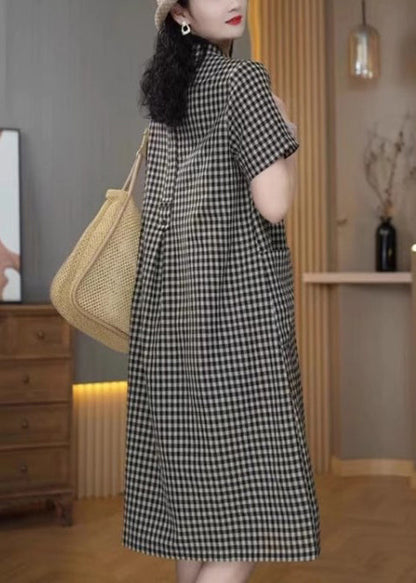 Dress Summer Peter Mid Collar Simple Plaid Pan Linen Grey