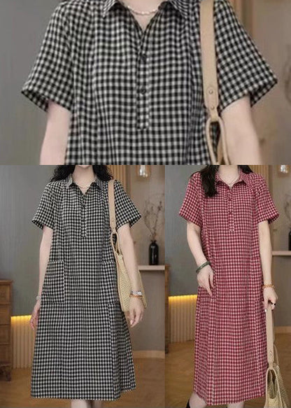 Dress Summer Peter Mid Collar Simple Plaid Pan Linen Grey