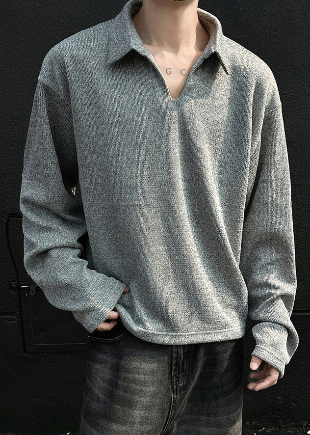 Grey Spring Simple Men Solid Shirt Cotton Polo Loose