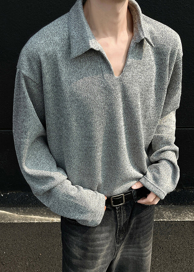 Grey Spring Simple Men Solid Shirt Cotton Polo Loose