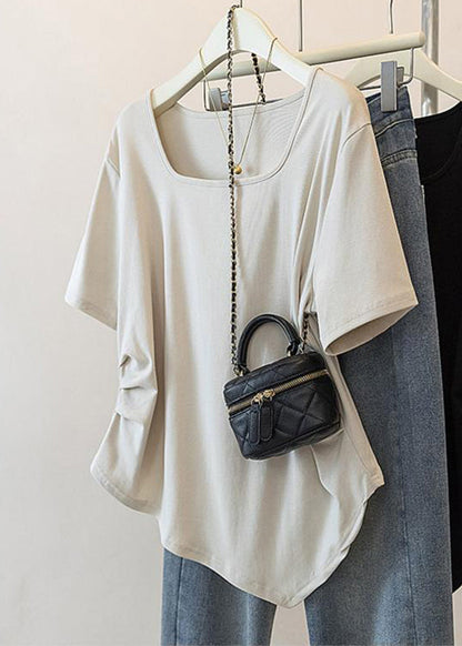 Simple Grey Square Collar Asymmetrical Patchwork Top Short Sleeve QB015