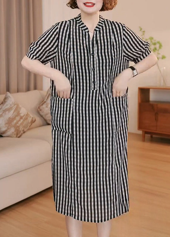 Pockets Cotton Dress Grey Tea Striped Simple Summer
